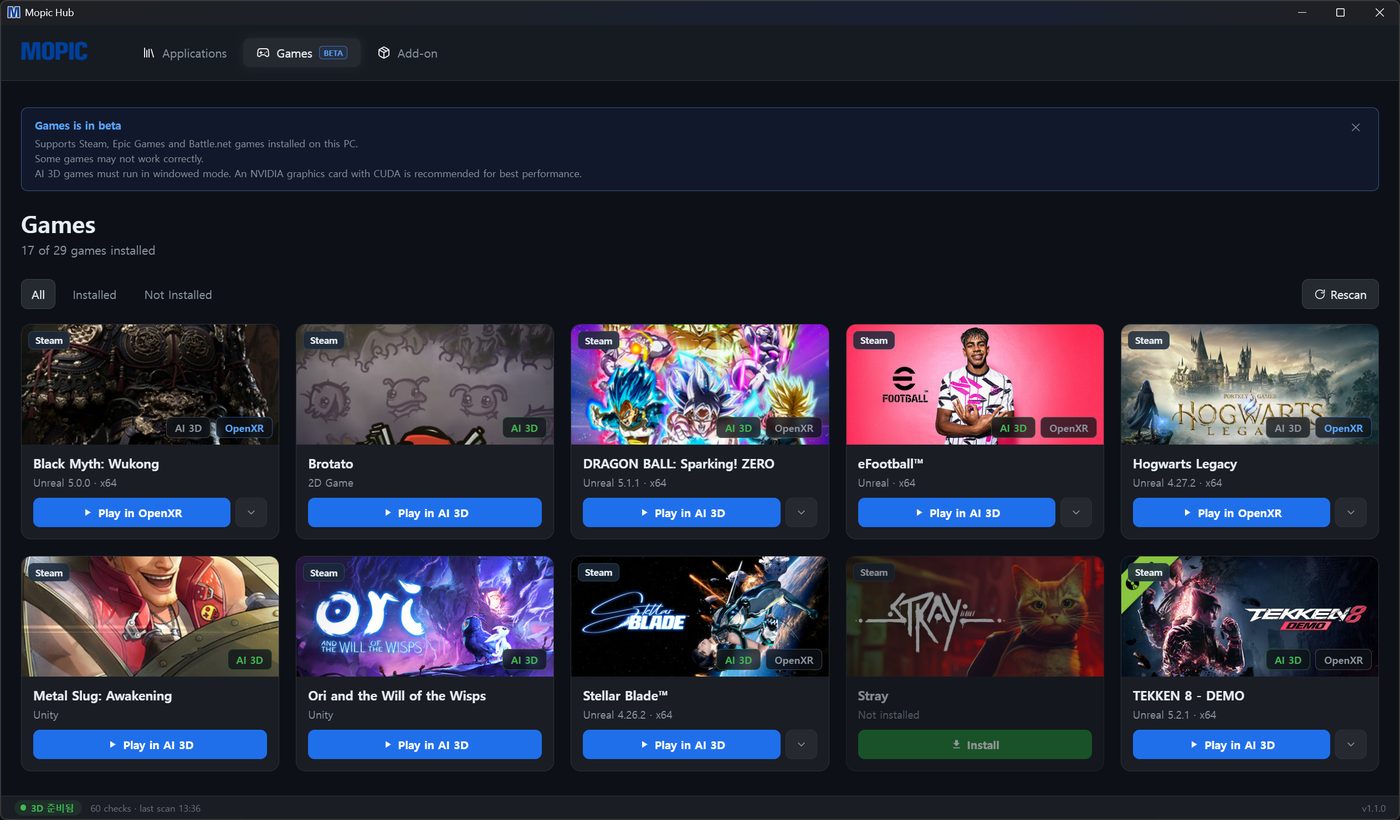 MOPIC Hub Games tab